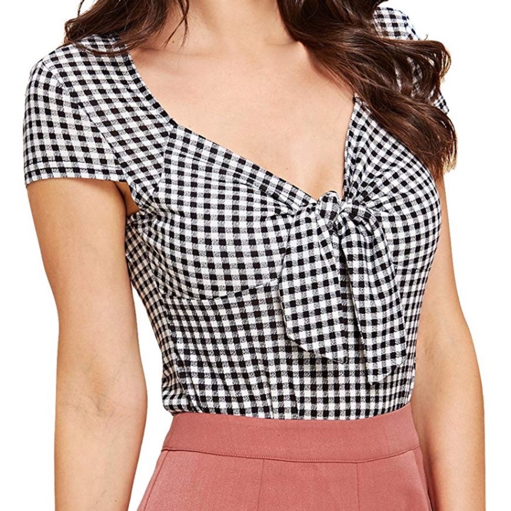 SHEIN Vintage Sweetheart Neck Knot Front Plaid Top